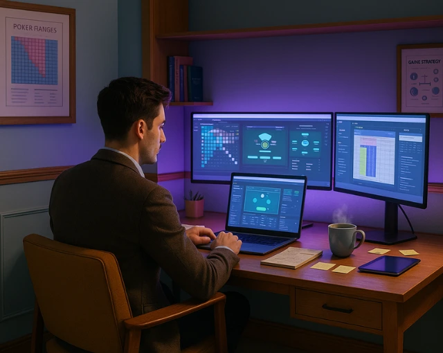 Poker strategy analyst reviewing GTO post-flop simulations on multiple monitors, with poker range charts and decision trees displayed in a professional home office setup.