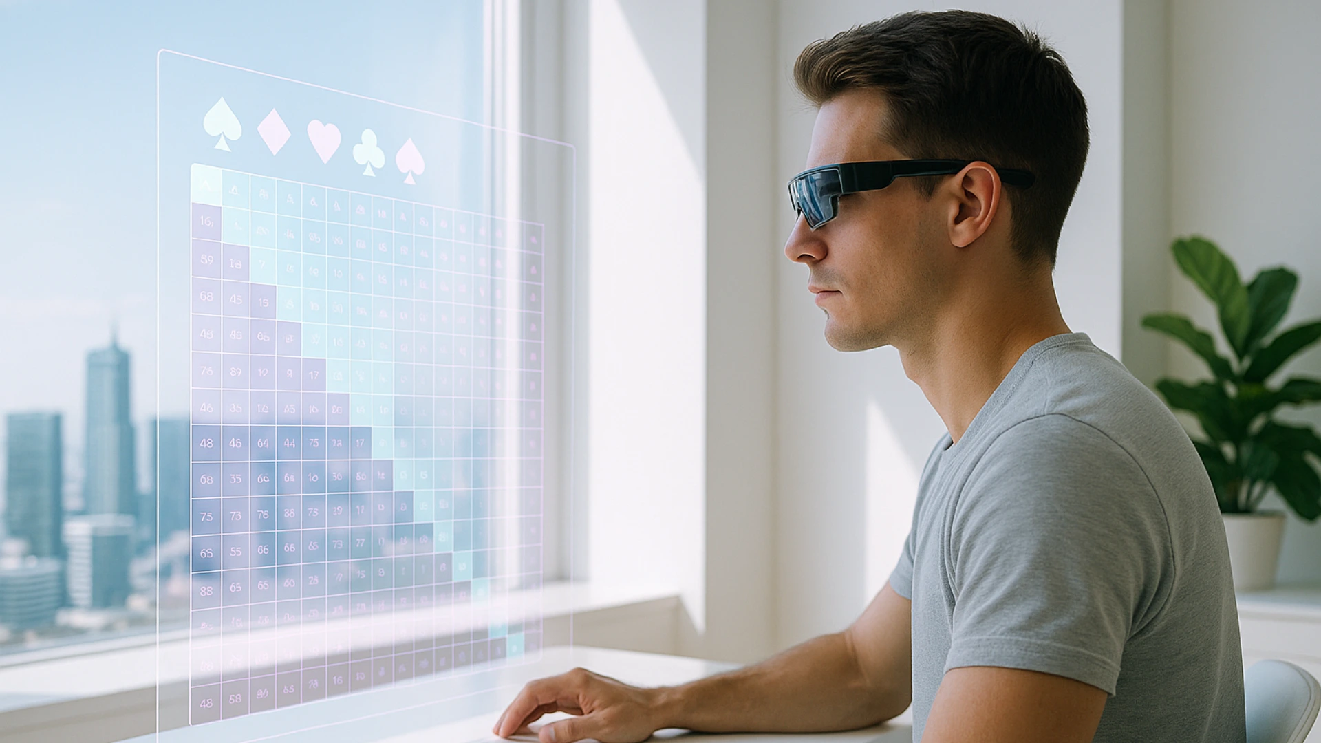 A focused poker player using a GTO-based strategy interface, analyzing optimal moves.