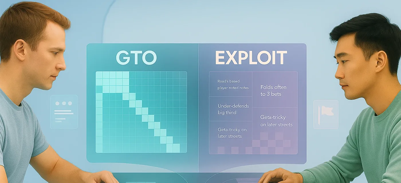 Two poker players facing off at a futuristic table, representing GTO strategy versus exploitative play with community cards on the flop.