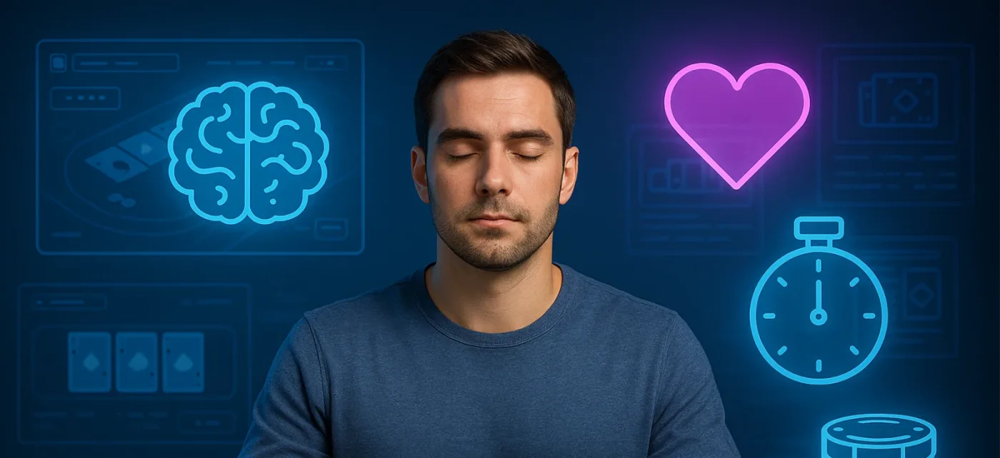 Jugador de póker practicando mindfulness para mejorar su concentración.