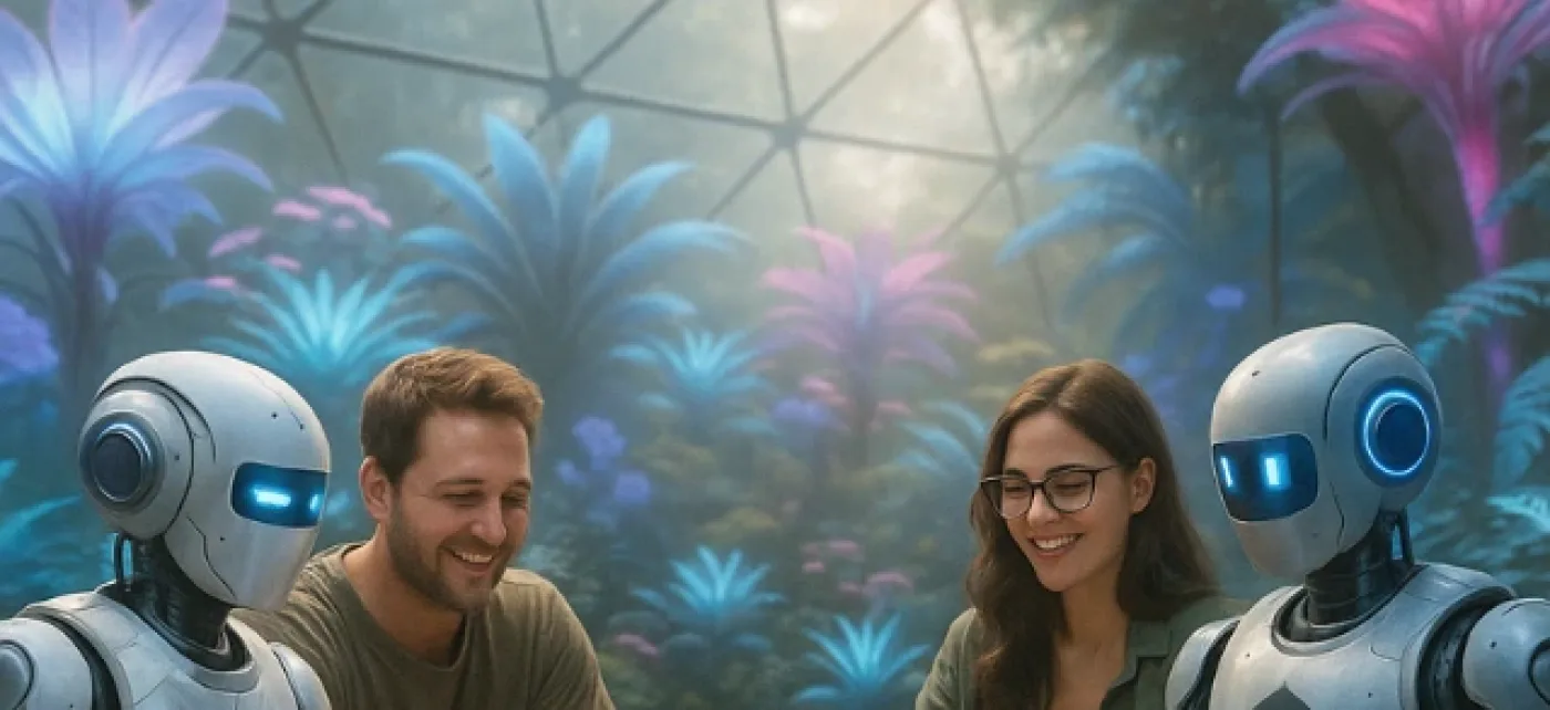 Humans and AI robots play poker in a glowing futuristic garden, symbolizing tech-powered training.