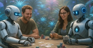 Humans and AI robots play poker in a glowing futuristic garden, symbolizing tech-powered training.