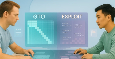 Two poker players facing off at a futuristic table, representing GTO strategy versus exploitative play with community cards on the flop.