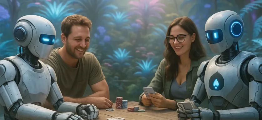 Des humains et des robots IA jouent au poker dans un jardin futuriste lumineux, symbolisant l’entraînement technologique.