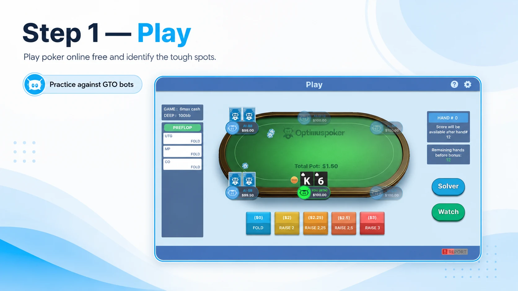 Optimus Poker Play Mode training against GTO bots