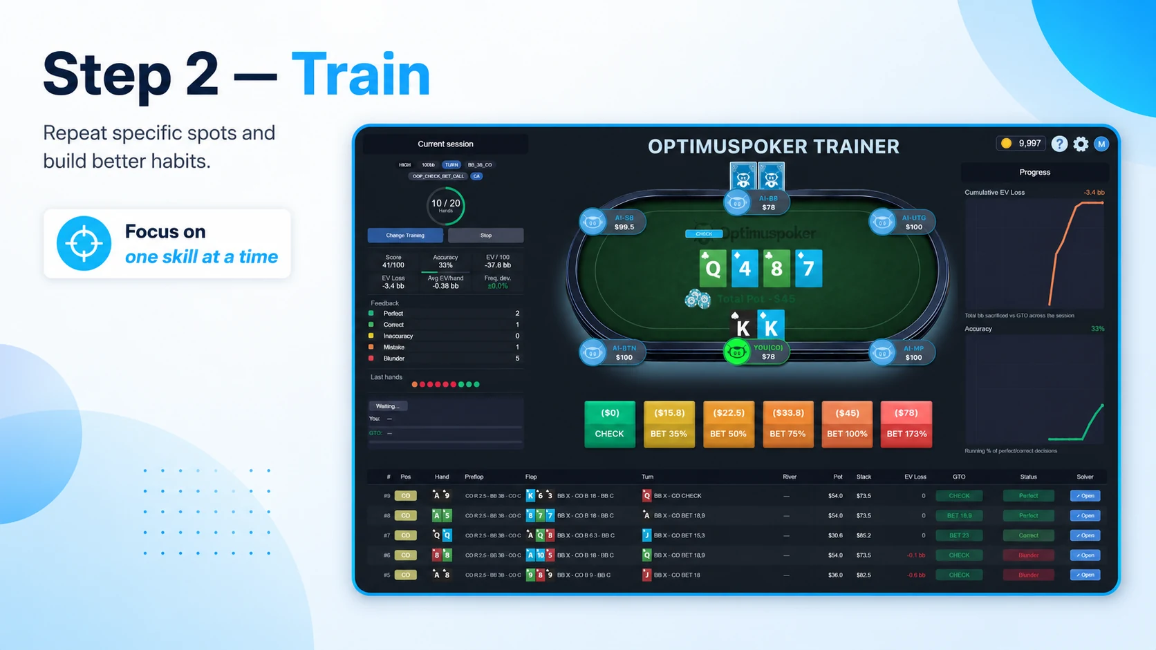 Optimus Poker Train Mode for repeated poker practice